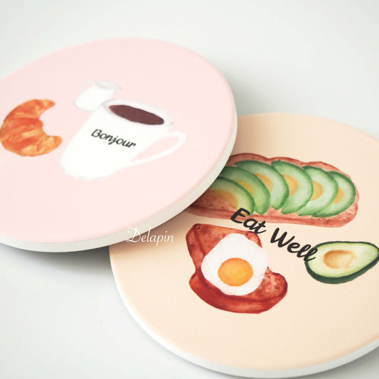 【早餐系列】 可頌拿鐵 & 酪梨吐司荷包蛋  MIT 鶯歌陶瓷 吸水杯墊