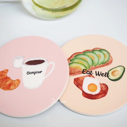 【早餐系列】 可頌拿鐵 & 酪梨吐司荷包蛋  MIT 鶯歌陶瓷 吸水杯墊